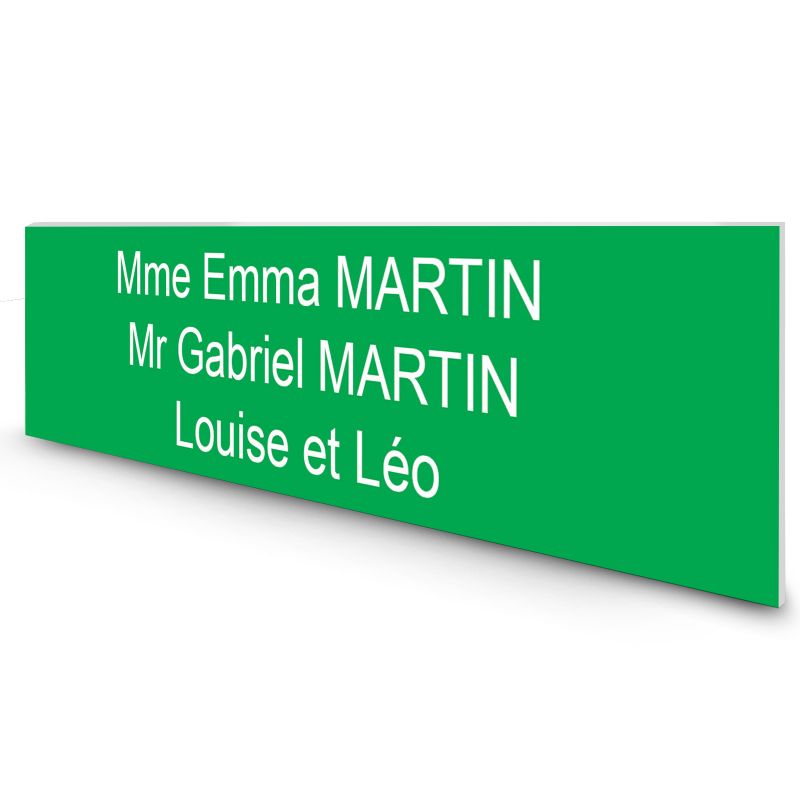 Étiquette Nom personnalisable pour boîte aux lettres · Gravure Française · 100x25x0,8 mm · vert pomme lettres blanches - 3 ligne Étiquette Nom personnalisable pour boîte aux lettres · Gravure Française · 100x25x0,8 mm · vert pomme lettres blanches - 3 ligne