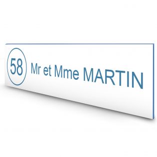Étiquette Nom + Numéro personnalisable pour boîte aux lettres · 100x25x0,8 mm · Blanc lettres bleues - 1 ligne