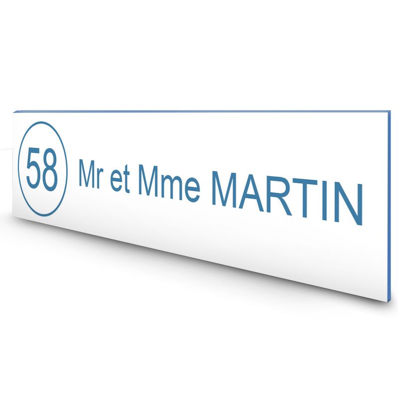Étiquette Nom + Numéro personnalisable pour boîte aux lettres · 100x25x0,8 mm · Blanc lettres bleues - 1 ligne Étiquette Nom + Numéro personnalisable pour boîte aux lettres · 100x25x0,8 mm · Blanc lettres bleues - 1 ligne
