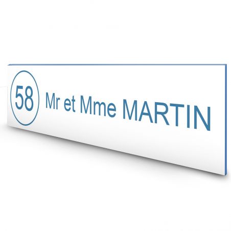 Étiquette Nom + Numéro personnalisable pour boîte aux lettres · 100x25x0,8 mm · Blanc lettres bleues - 1 ligne