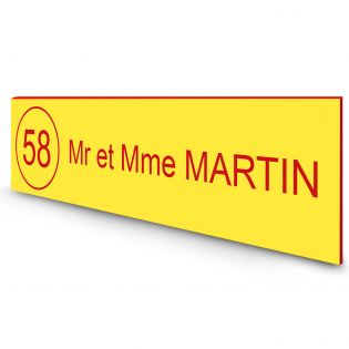 Étiquette Nom + Numéro personnalisable pour boîte aux lettres · 100x25x0,8 mm · Jaune lettres rouges - 1 ligne