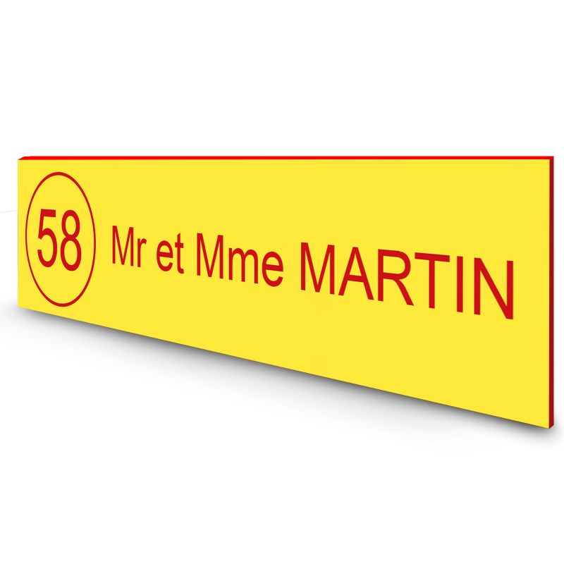 Étiquette Nom + Numéro personnalisable pour boîte aux lettres · 100x25x0,8 mm · Jaune lettres rouges - 1 ligne Étiquette Nom + Numéro personnalisable pour boîte aux lettres · 100x25x0,8 mm · Jaune lettres rouges - 1 ligne