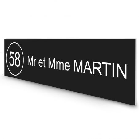 Étiquette Nom + Numéro personnalisable pour boîte aux lettres · 100x25x0,8 mm · Noire lettres blanches - 1 ligne