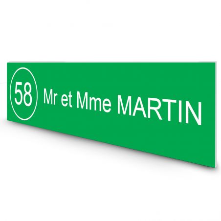 Étiquette Nom + Numéro personnalisable pour boîte aux lettres · 100x25x0,8 mm · Vert clair lettres blanches - 1 ligne