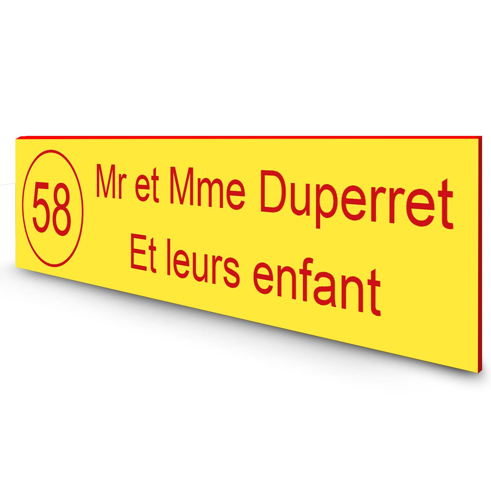 Étiquette Nom + Numéro personnalisable pour boîte aux lettres · 100x25x0,8 mm · Jaune lettres rouges - 2 lignes