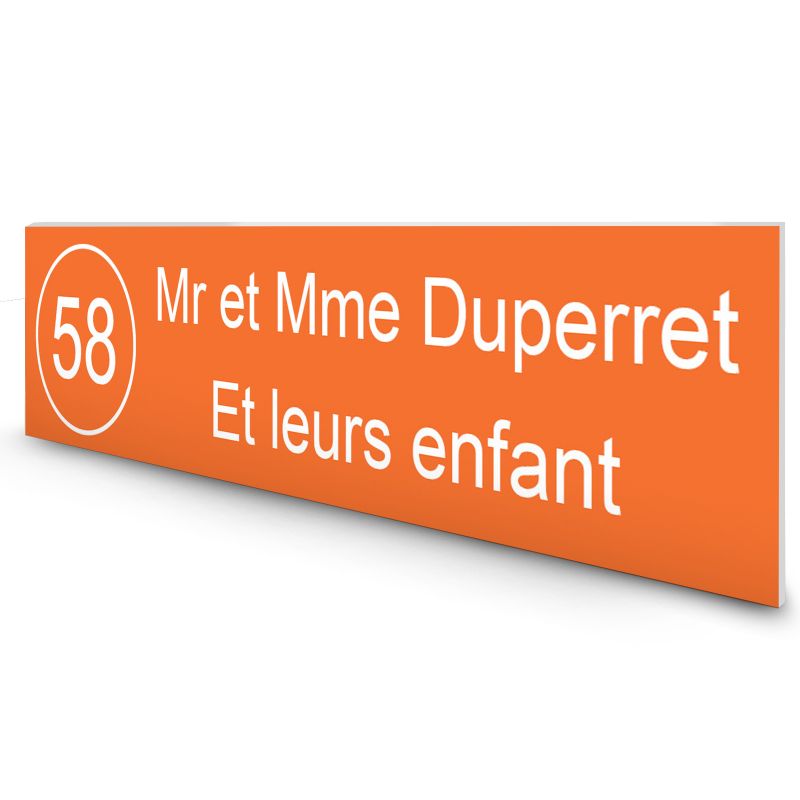 Étiquette Nom + Numéro personnalisable pour boîte aux lettres · 100x25x0,8 mm · Orange lettres blanches - 2 lignes Étiquette Nom + Numéro personnalisable pour boîte aux lettres · 100x25x0,8 mm · Orange lettres blanches - 2 lignes