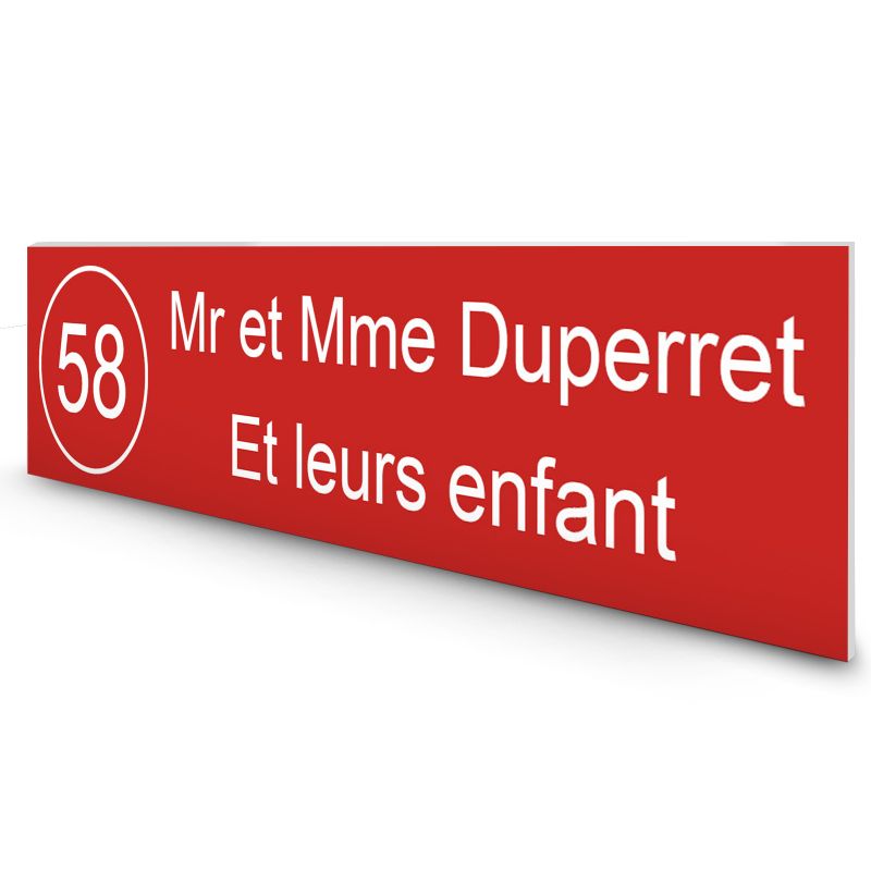 Étiquette Nom + Numéro personnalisable pour boîte aux lettres · 100x25x0,8 mm · Rouge lettres blanches - 2 lignes Étiquette Nom + Numéro personnalisable pour boîte aux lettres · 100x25x0,8 mm · Rouge lettres blanches - 2 lignes