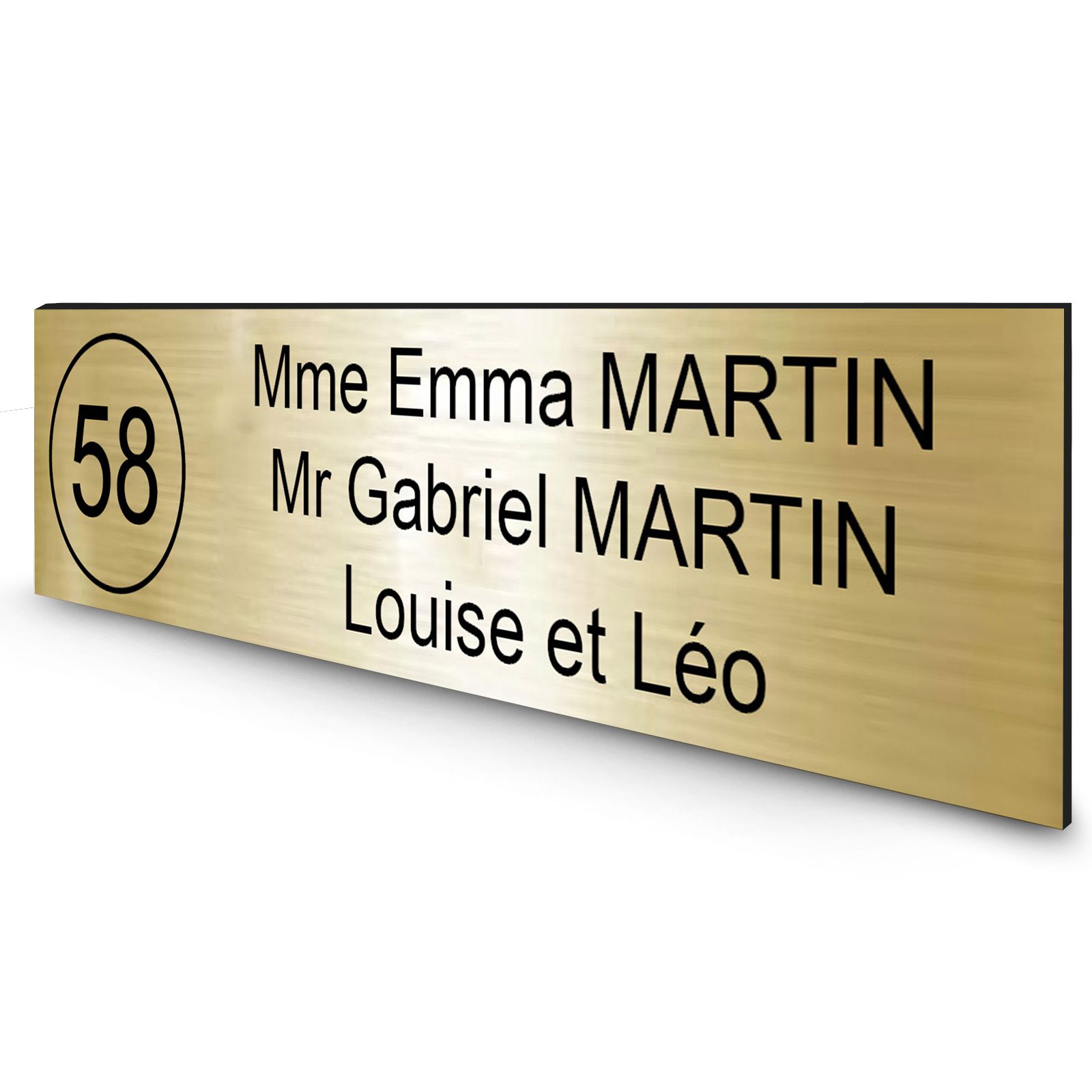 Étiquette Nom + Numéro personnalisable pour boîte aux lettres · 100x25x0,8 mm ·Or lettres noires - 3 lignes