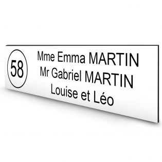 Étiquette Nom + Numéro personnalisable pour boîte aux lettres · 100x25x0,8 mm · Blanche lettres noires - 3 lignes