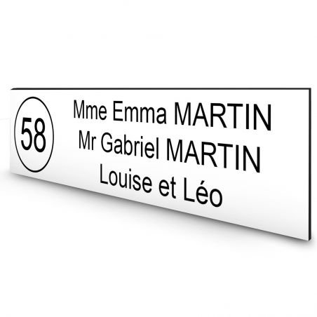 Étiquette Nom + Numéro personnalisable pour boîte aux lettres · 100x25x0,8 mm · Blanche lettres noires - 3 lignes