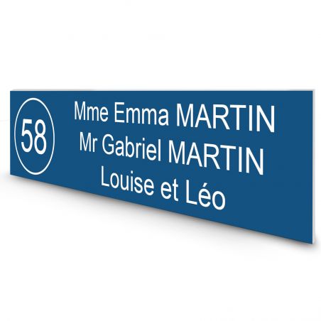 Étiquette Nom + Numéro personnalisable pour boîte aux lettres · 100x25x0,8 mm · Bleu lettres blanches - 3 lignes