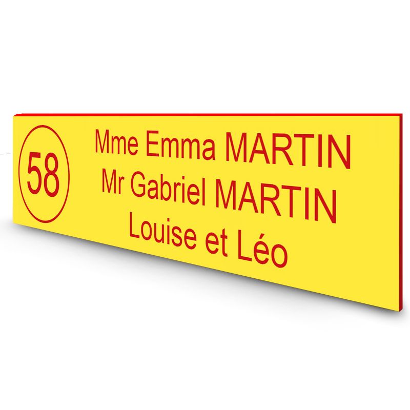 Étiquette Nom + Numéro personnalisable pour boîte aux lettres · 100x25x0,8 mm · Jaune lettres rouges - 3 lignes Étiquette Nom + Numéro personnalisable pour boîte aux lettres · 100x25x0,8 mm · Jaune lettres rouges - 3 lignes
