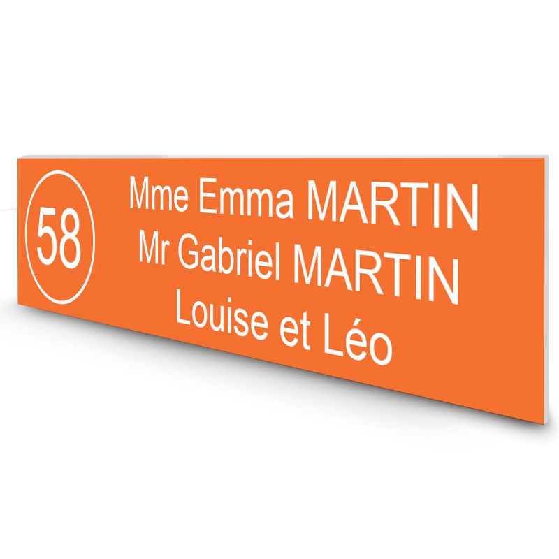 Étiquette Nom + Numéro personnalisable pour boîte aux lettres · 100x25x0,8 mm · Orange lettres blanches - 3 lignes Étiquette Nom + Numéro personnalisable pour boîte aux lettres · 100x25x0,8 mm · Orange lettres blanches - 3 lignes