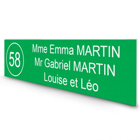 Étiquette Nom + Numéro personnalisable pour boîte aux lettres · 100x25x0,8 mm · Vert clair lettres blanches - 2 lignes