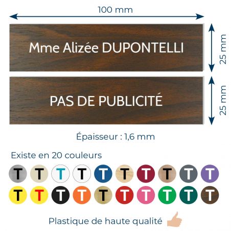 Plaque boite aux lettres personnalisable - Lot de 2 plaques : plaque nom + stop pub – Plaque boite aux lettres adhésive 100 x 25