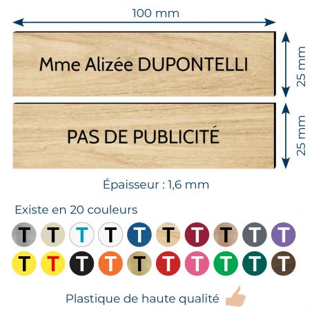 Plaque boite aux lettres personnalisable - Lot de 2 plaques : plaque nom + stop pub – Plaque boite aux lettres adhésive 100 x 25