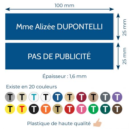Plaque boite aux lettres personnalisable - Lot de 2 plaques : plaque nom + stop pub – Plaque boite aux lettres adhésive 100 x 25