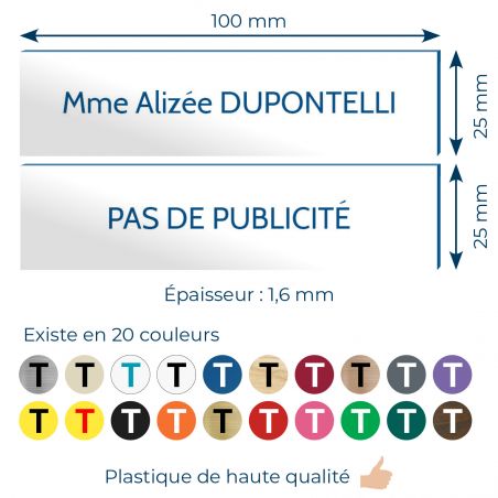 Plaque boite aux lettres personnalisable - Lot de 2 plaques : plaque nom + stop pub – Plaque boite aux lettres adhésive 100 x 25