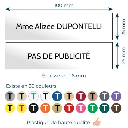 Plaque boite aux lettres personnalisable - Lot de 2 plaques : plaque nom + stop pub – Plaque boite aux lettres adhésive 100 x 25