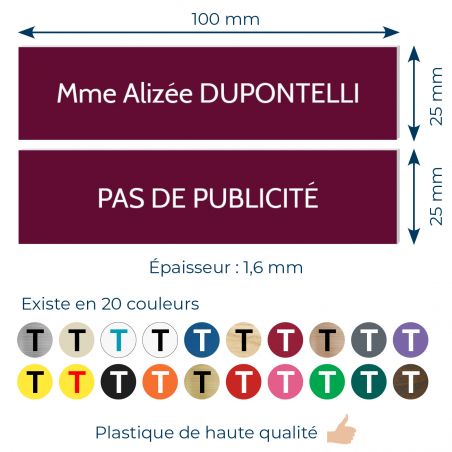 Plaque boite aux lettres personnalisable - Lot de 2 plaques : plaque nom + stop pub – Plaque boite aux lettres adhésive 100 x 25