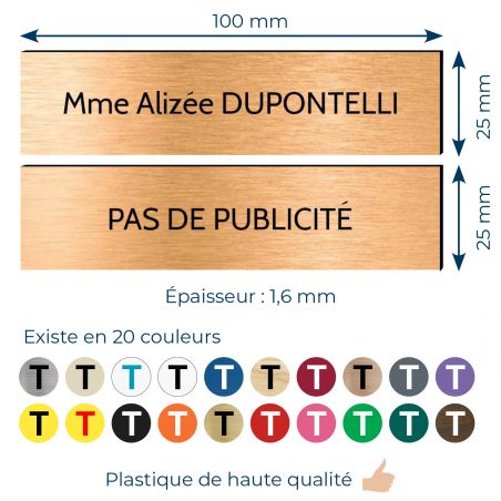 Plaque boite aux lettres personnalisable - Lot de 2 plaques : plaque nom + stop pub – Plaque boite aux lettres adhésive 100 x 25
