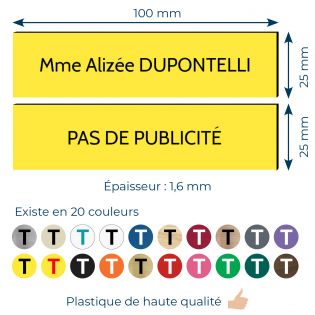 Plaque boite aux lettres personnalisable - Lot de 2 plaques : plaque nom + stop pub – Plaque boite aux lettres adhésive 100 x 25