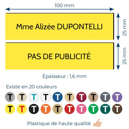 Plaque boite aux lettres personnalisable - Lot de 2 plaques : plaque nom + stop pub – Plaque boite aux lettres adhésive 100 x 25