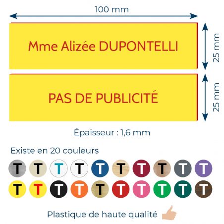 Plaque boite aux lettres personnalisable - Lot de 2 plaques : plaque nom + stop pub – Plaque boite aux lettres adhésive 100 x 25