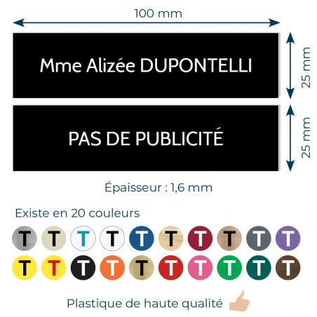 Plaque boite aux lettres personnalisable - Lot de 2 plaques : plaque nom + stop pub – Plaque boite aux lettres adhésive 100 x 25