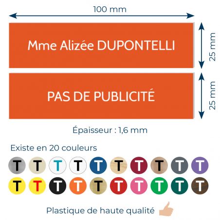 Plaque boite aux lettres personnalisable - Lot de 2 plaques : plaque nom + stop pub – Plaque boite aux lettres adhésive 100 x 25