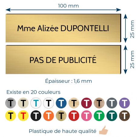 Plaque boite aux lettres personnalisable - Lot de 2 plaques : plaque nom + stop pub – Plaque boite aux lettres adhésive 100 x 25
