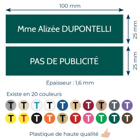 Plaque boite aux lettres personnalisable - Lot de 2 plaques : plaque nom + stop pub – Plaque boite aux lettres adhésive 100 x 25