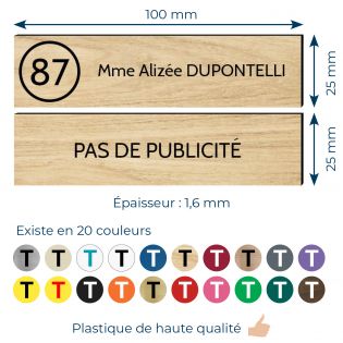 Plaque nom et numéro + Plaque Stop Pub boite aux lettres format 100x25mmeffet bois clair lettres noires - 3 lignes