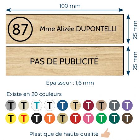 Plaque nom et numéro + Plaque Stop Pub boite aux lettres format 100x25mmeffet bois clair lettres noires - 3 lignes