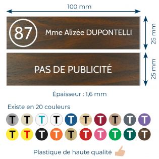Plaque nom et numéro + Plaque Stop Pub boite aux lettres format 100x25mm effet bois foncé lettres blanches - 1 ligne