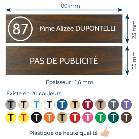 Plaque nom et numéro + Plaque Stop Pub boite aux lettres format 100x25mm effet bois foncé lettres blanches - 1 ligne