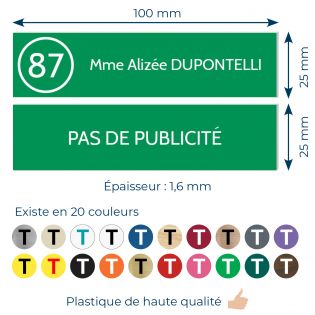 Plaque nom et numéro + Plaque Stop Pub boite aux lettres format 100x25mm vert pomme lettres blanches - 1 ligne
