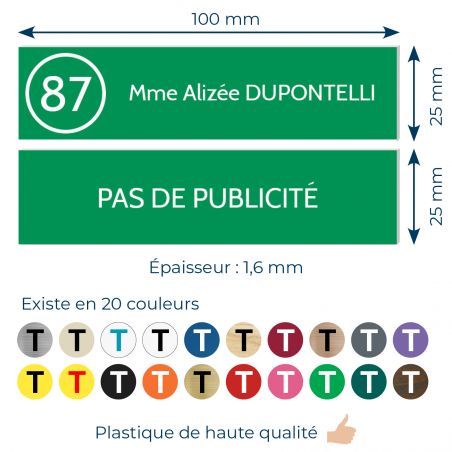 Plaque nom et numéro + Plaque Stop Pub boite aux lettres format 100x25mm vert pomme lettres blanches - 1 ligne