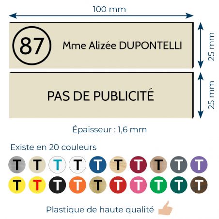 Plaque nom et numéro + Plaque Stop Pub pour boite aux lettres format 100x25mm beige lettres noires - 1 ligne