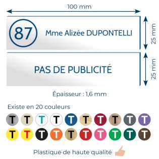 Plaque nom et numéro + Plaque Stop Pub pour boite aux lettres format 100x25mm blanche lettres bleues - 3 lignes