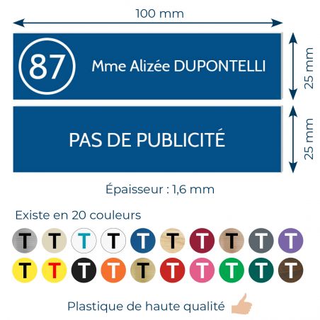 Plaque nom et numéro + Plaque Stop Pub pour boite aux lettres format 100x25mm bleue lettres blanches - 3 lignes