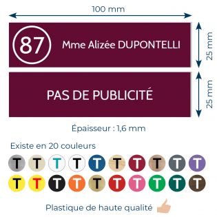 Plaque nom et numéro + Plaque Stop Pub pour boite aux lettres format 100x25mm bordeaux lettres blanches 3 lignes