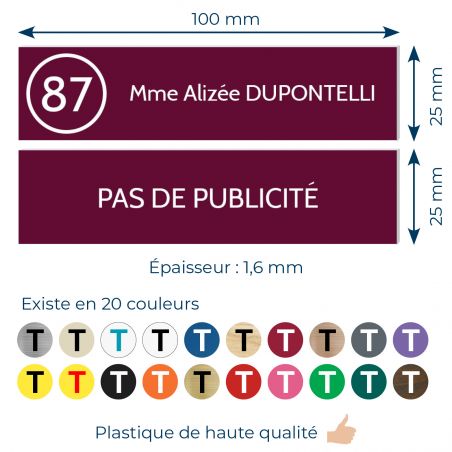 Plaque nom et numéro + Plaque Stop Pub pour boite aux lettres format 100x25mm bordeaux lettres blanches 3 lignes