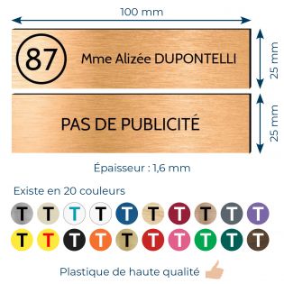Plaque nom et numéro + Plaque Stop Pub pour boite aux lettres format 100x25mm cuivre lettres noires - 1 ligne