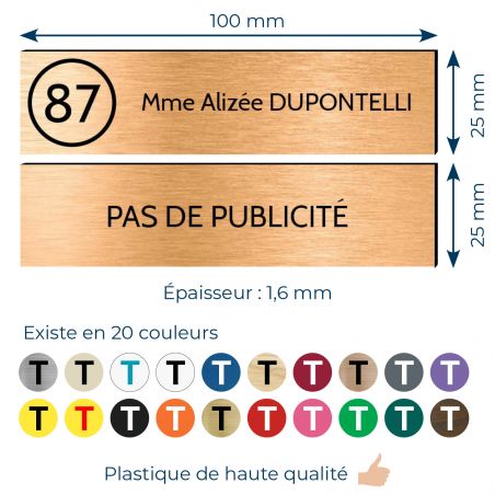 Plaque nom et numéro + Plaque Stop Pub pour boite aux lettres format 100x25mm cuivre lettres noires - 1 ligne