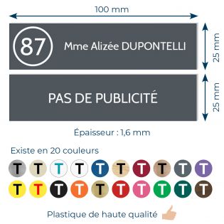 Plaque nom et numéro + Plaque Stop Pub pour boite aux lettres format 100x25mm grise lettres blanches - 3 lignes