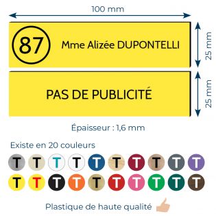 Plaque nom et numéro + Plaque Stop Pub pour boite aux lettres format 100x25mm jaune lettres noires - 3 lignes