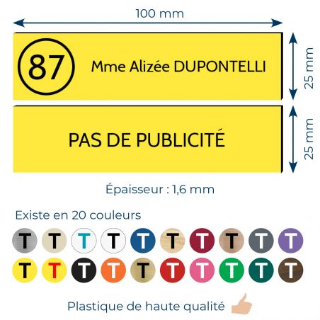 Plaque nom et numéro + Plaque Stop Pub pour boite aux lettres format 100x25mm jaune lettres noires - 3 lignes