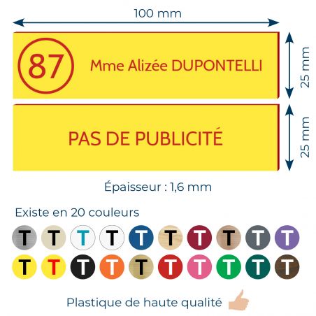 Plaque nom et numéro + Plaque Stop Pub pour boite aux lettres format 100x25mm Jaune lettres rouges - 3 lignes