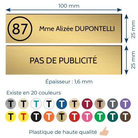 Plaque nom et numéro + Plaque Stop Pub pour boite aux lettres format 100x25mm or brossé lettres noires - 1 ligne